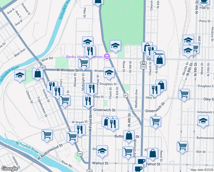 map of restaurants, bars, coffee shops, grocery stores, and more near 739 North 2nd Street in Reading