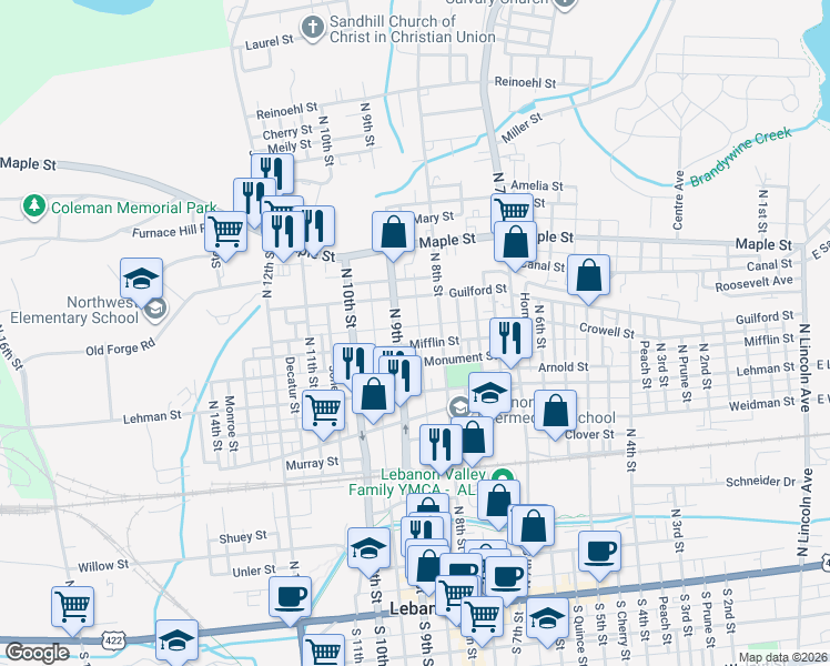map of restaurants, bars, coffee shops, grocery stores, and more near 823 Mifflin Street in Lebanon
