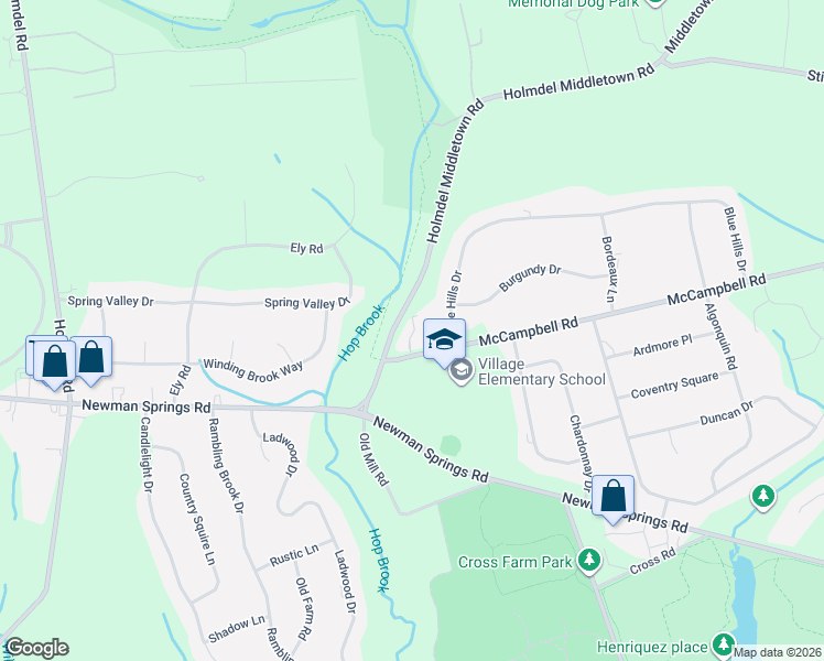 map of restaurants, bars, coffee shops, grocery stores, and more near 52 Blue Hills Drive in Holmdel