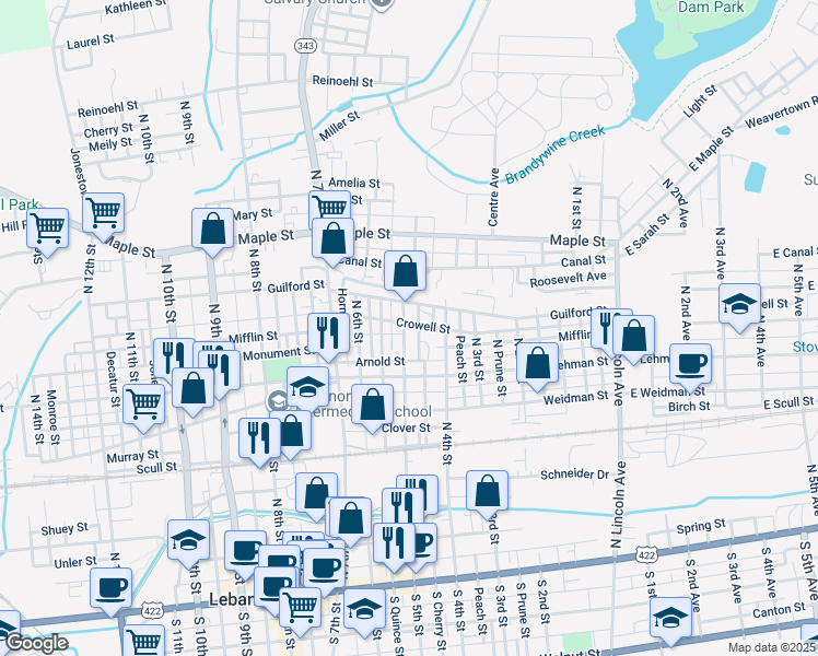 map of restaurants, bars, coffee shops, grocery stores, and more near 456 North 5th Street in Lebanon