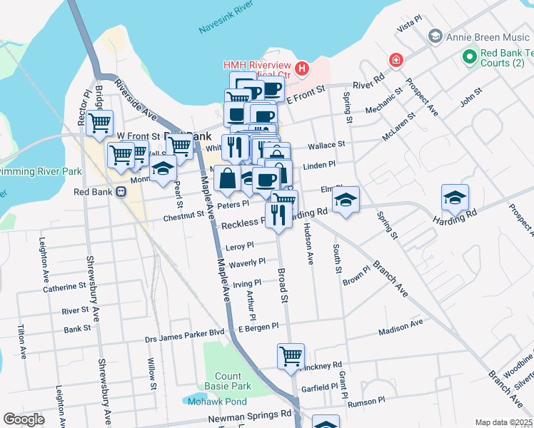 map of restaurants, bars, coffee shops, grocery stores, and more near 8 Reckless Place in Red Bank