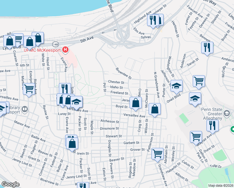 map of restaurants, bars, coffee shops, grocery stores, and more near 2923 Jersey Street in McKeesport