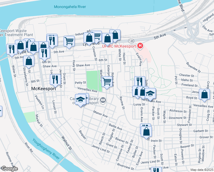 map of restaurants, bars, coffee shops, grocery stores, and more near in McKeesport
