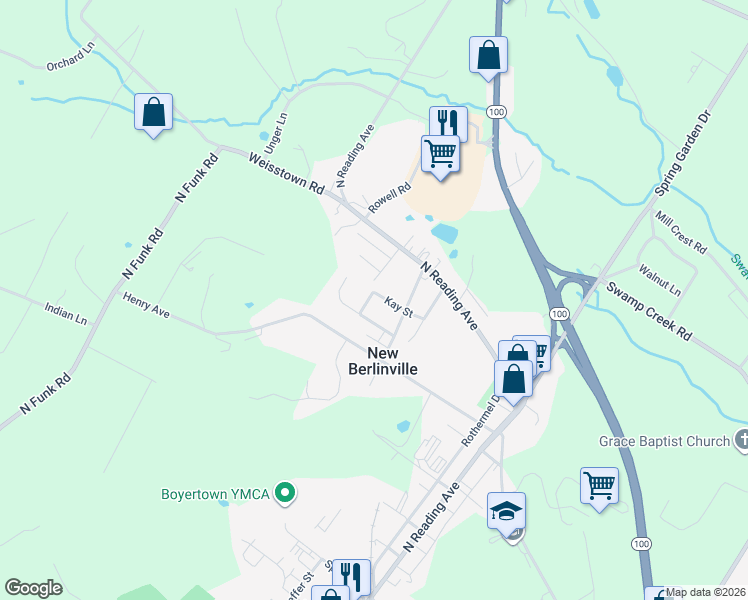 map of restaurants, bars, coffee shops, grocery stores, and more near 32 Kay Street in Boyertown