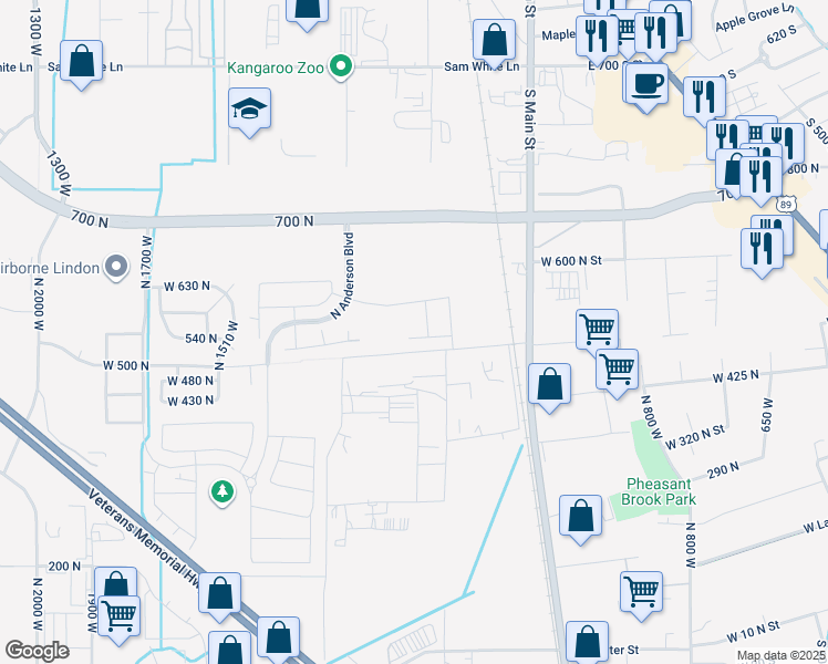 map of restaurants, bars, coffee shops, grocery stores, and more near 556 North Cornstalk Lane in Lindon