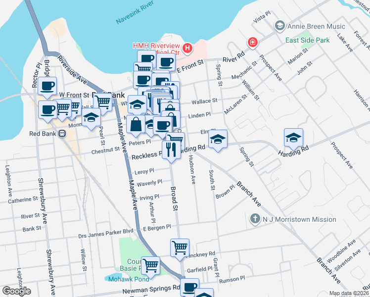 map of restaurants, bars, coffee shops, grocery stores, and more near 157 Broad Street in Red Bank
