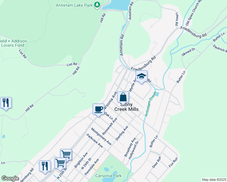 map of restaurants, bars, coffee shops, grocery stores, and more near 1301 Carsonia Avenue in Reading