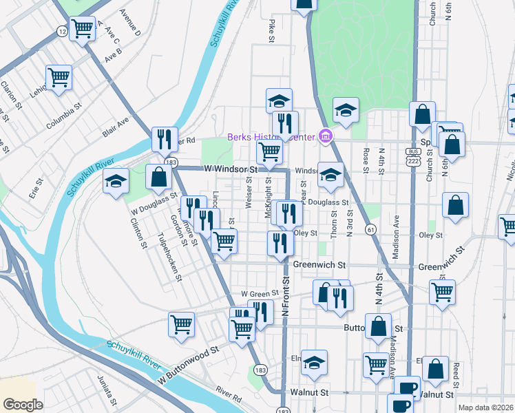 map of restaurants, bars, coffee shops, grocery stores, and more near 731 Weiser Street in Reading