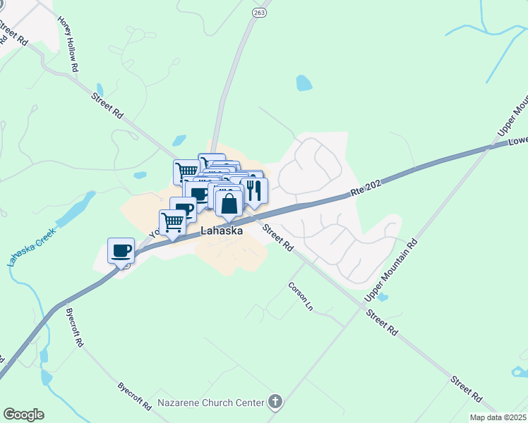 map of restaurants, bars, coffee shops, grocery stores, and more near 5921 Lower York Road in New Hope