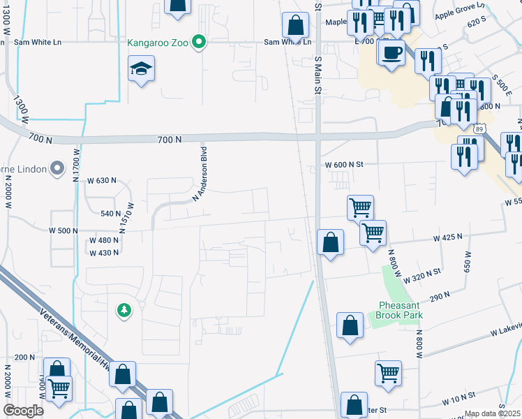 map of restaurants, bars, coffee shops, grocery stores, and more near 560 North Buffalo Grass Lane in Lindon