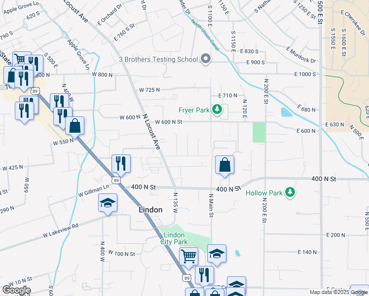 map of restaurants, bars, coffee shops, grocery stores, and more near 517 North 80 West Street in Lindon