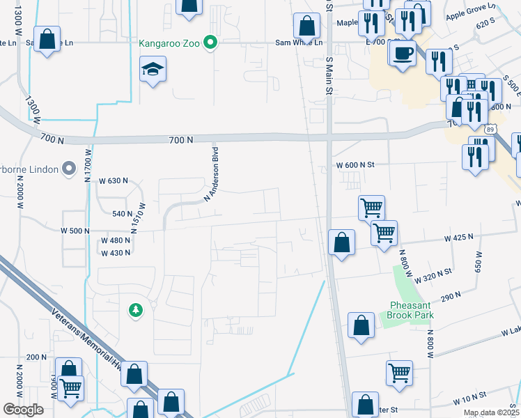map of restaurants, bars, coffee shops, grocery stores, and more near 557 North Buffalo Grass Lane in Lindon