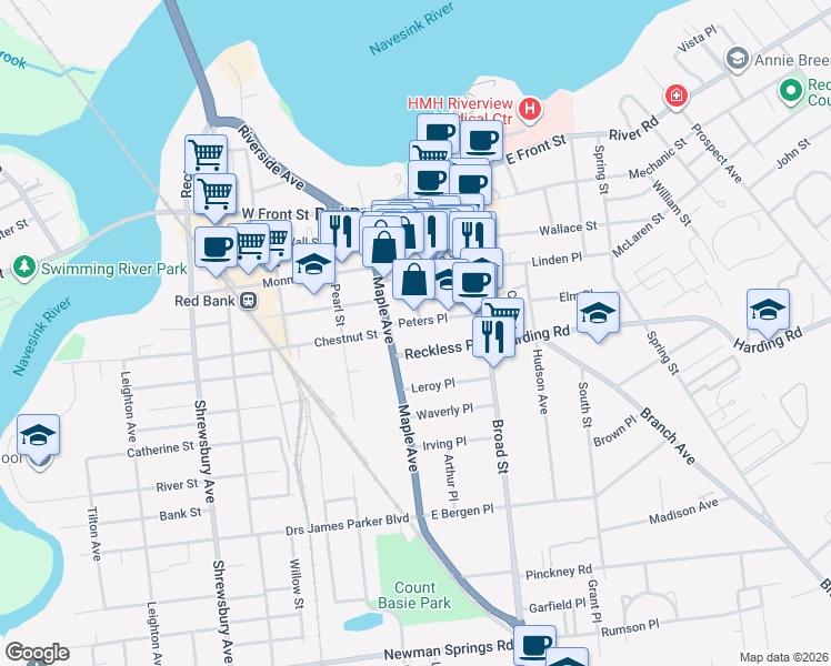 map of restaurants, bars, coffee shops, grocery stores, and more near 119 Maple Avenue in Red Bank