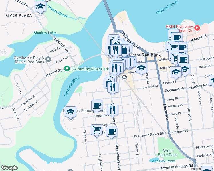 map of restaurants, bars, coffee shops, grocery stores, and more near 24 Locust Avenue in Red Bank