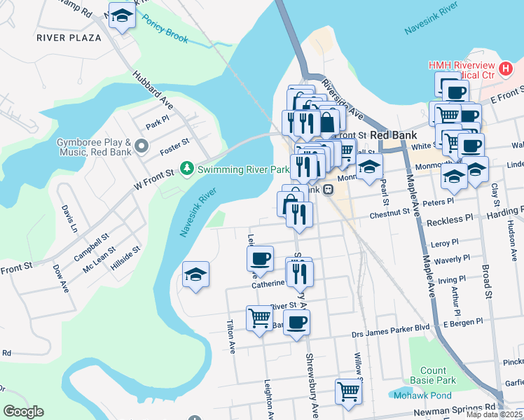map of restaurants, bars, coffee shops, grocery stores, and more near 52 Locust Avenue in Red Bank
