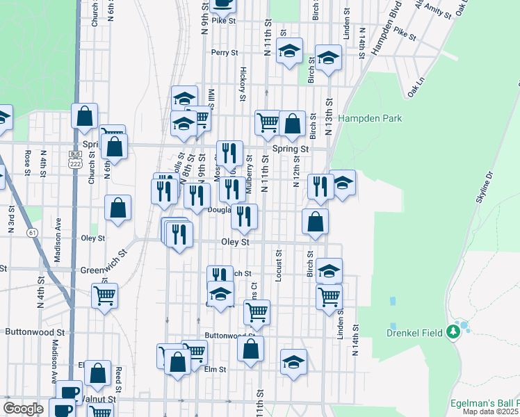 map of restaurants, bars, coffee shops, grocery stores, and more near 1040 Douglass Street in Reading
