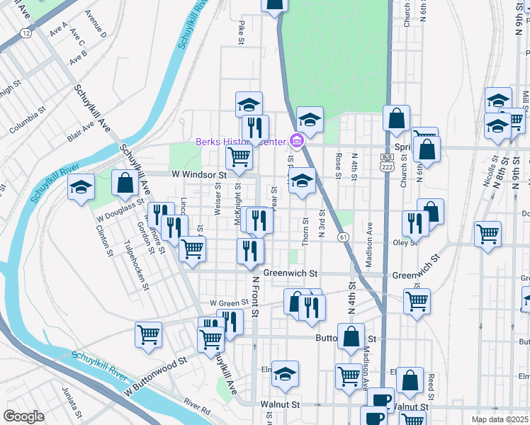 map of restaurants, bars, coffee shops, grocery stores, and more near 740 Pear Street in Reading