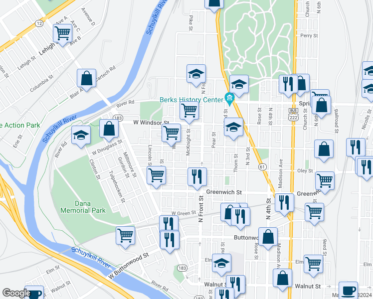 map of restaurants, bars, coffee shops, grocery stores, and more near 741R McKnight Street in Reading