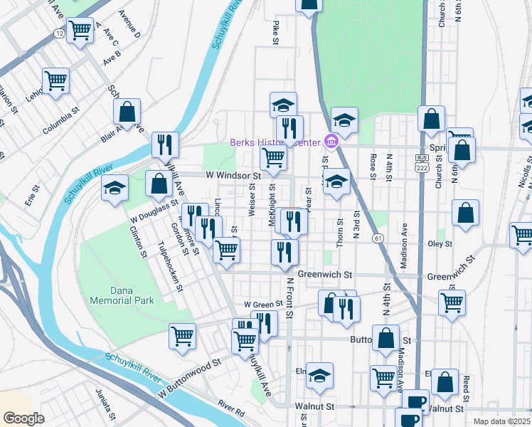 map of restaurants, bars, coffee shops, grocery stores, and more near 731 Weiser Street in Reading