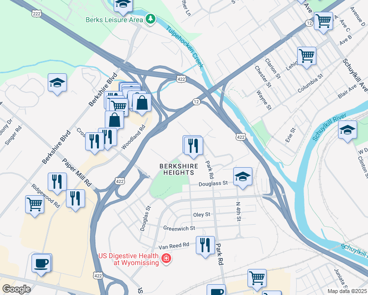 map of restaurants, bars, coffee shops, grocery stores, and more near 850-898 North Park Road in Wyomissing