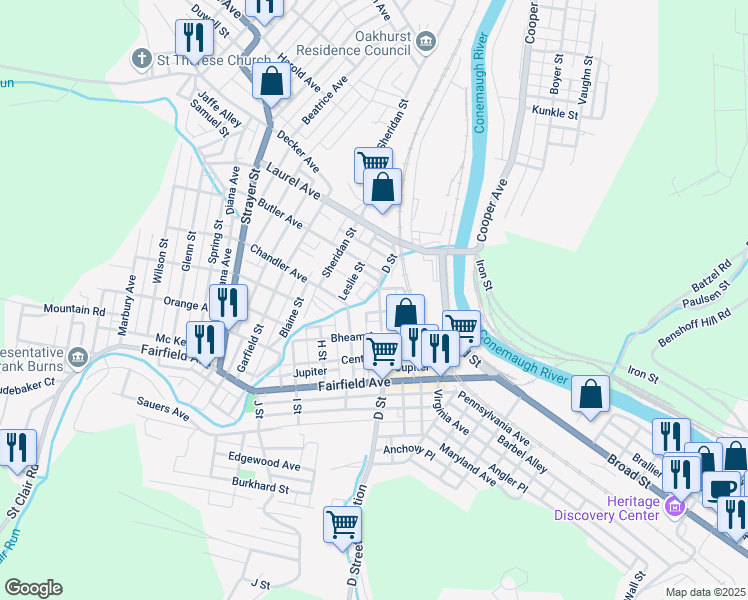 map of restaurants, bars, coffee shops, grocery stores, and more near Mercury Alley in Johnstown