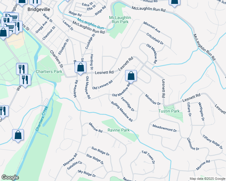 map of restaurants, bars, coffee shops, grocery stores, and more near 1303 Old Meadow Road in Pittsburgh
