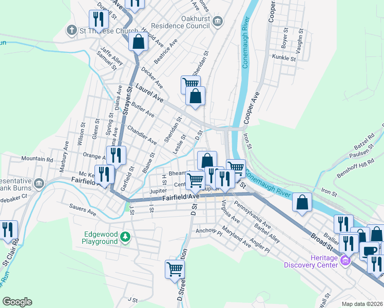 map of restaurants, bars, coffee shops, grocery stores, and more near Mercury Alley in Johnstown
