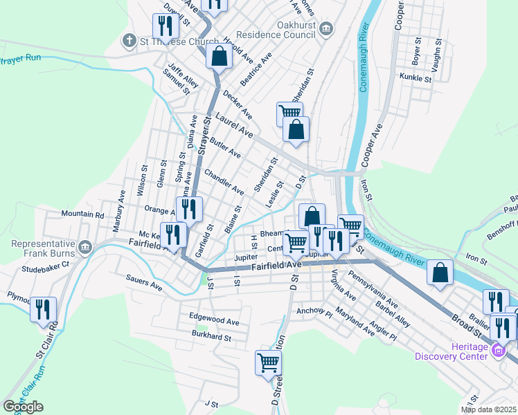 map of restaurants, bars, coffee shops, grocery stores, and more near 207 Chandler Avenue in Johnstown
