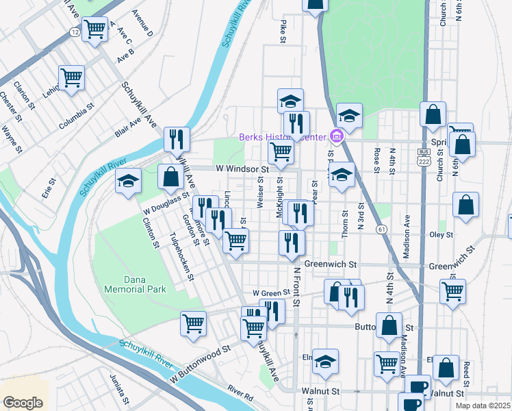 map of restaurants, bars, coffee shops, grocery stores, and more near 204 West Douglass Street in Reading