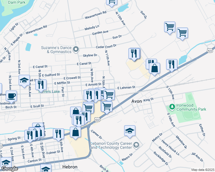 map of restaurants, bars, coffee shops, grocery stores, and more near 1011 East Lehman Street in Lebanon