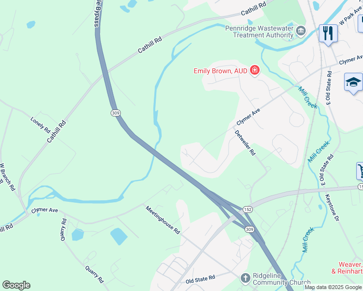 map of restaurants, bars, coffee shops, grocery stores, and more near 711 Clymer Avenue in Sellersville