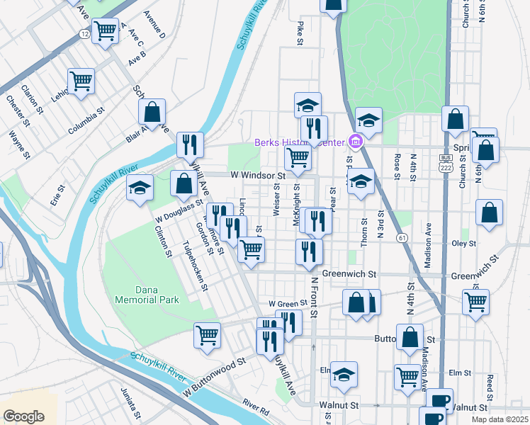 map of restaurants, bars, coffee shops, grocery stores, and more near 218 West Douglass Street in Reading
