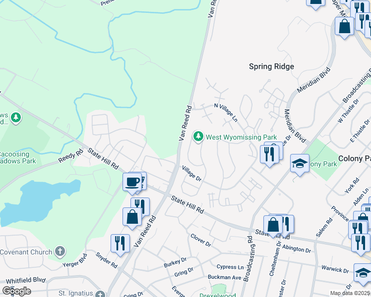 map of restaurants, bars, coffee shops, grocery stores, and more near 147 Lucinda Lane in Wyomissing