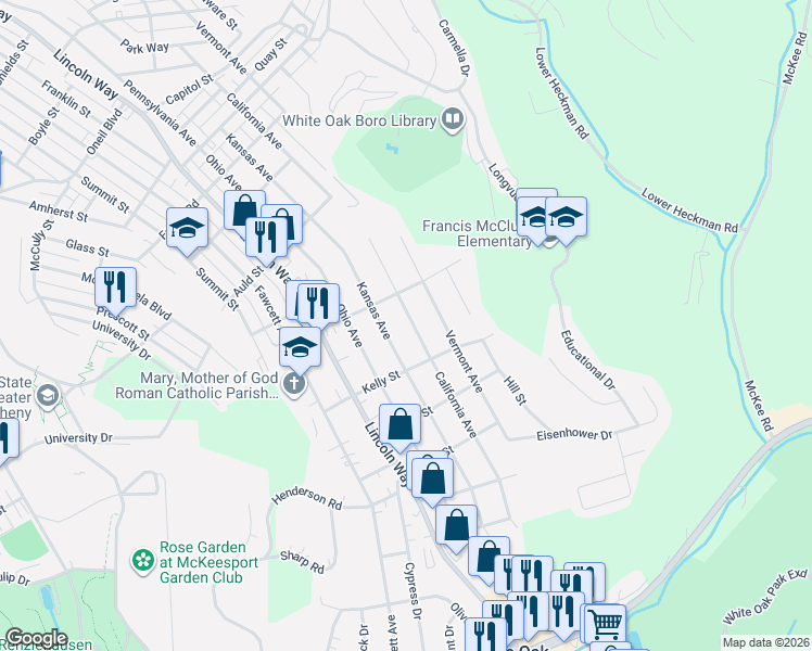 map of restaurants, bars, coffee shops, grocery stores, and more near 1619 Kansas Avenue in White Oak