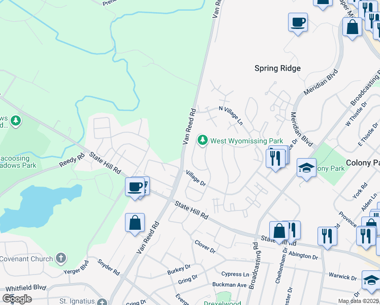 map of restaurants, bars, coffee shops, grocery stores, and more near 147 Lucinda Lane in Wyomissing