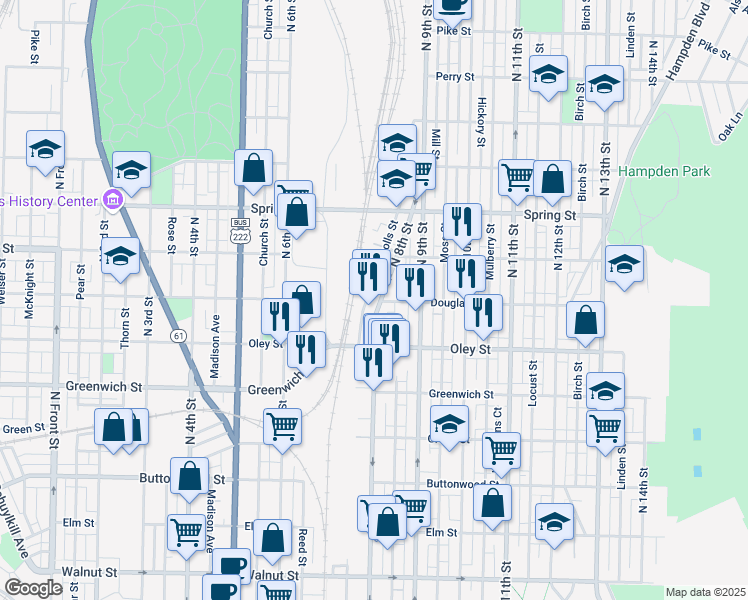 map of restaurants, bars, coffee shops, grocery stores, and more near 756 Lance Place in Reading