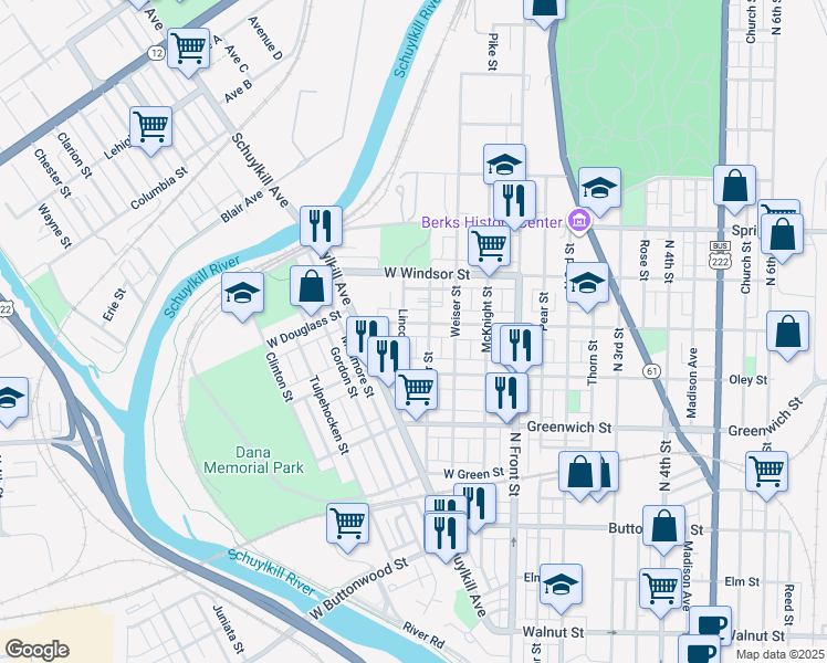 map of restaurants, bars, coffee shops, grocery stores, and more near 246 West Douglass Street in Reading