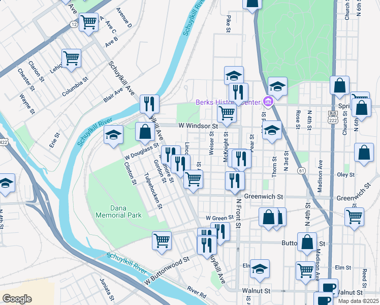map of restaurants, bars, coffee shops, grocery stores, and more near 252 West Douglass Street in Reading