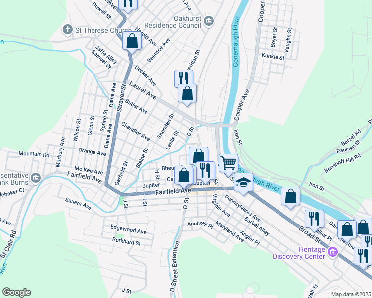 map of restaurants, bars, coffee shops, grocery stores, and more near Mercury Alley in Johnstown