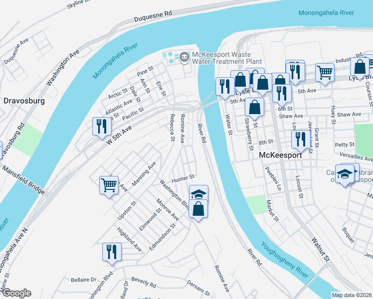 map of restaurants, bars, coffee shops, grocery stores, and more near 818 Arlington Street in McKeesport