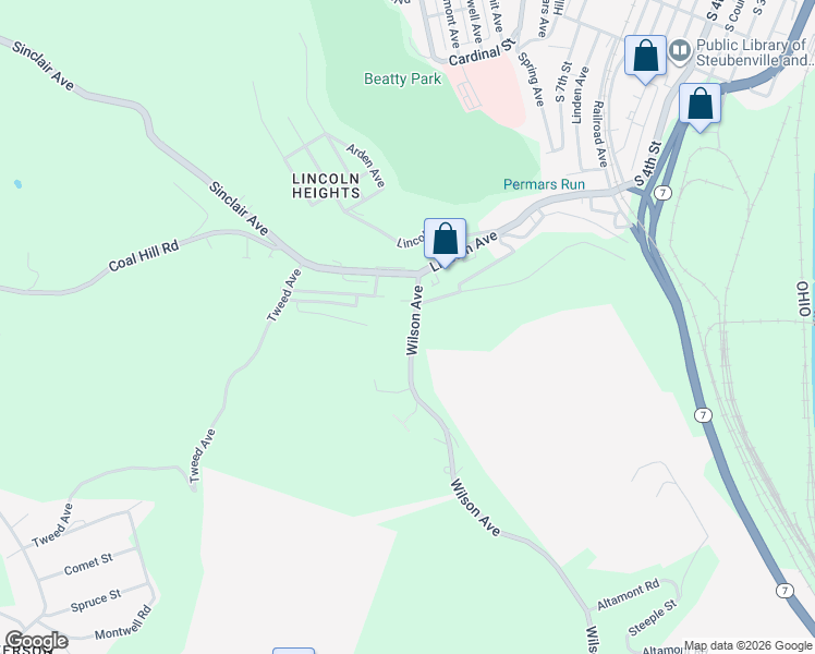 map of restaurants, bars, coffee shops, grocery stores, and more near 1071 Wilson Avenue in Steubenville