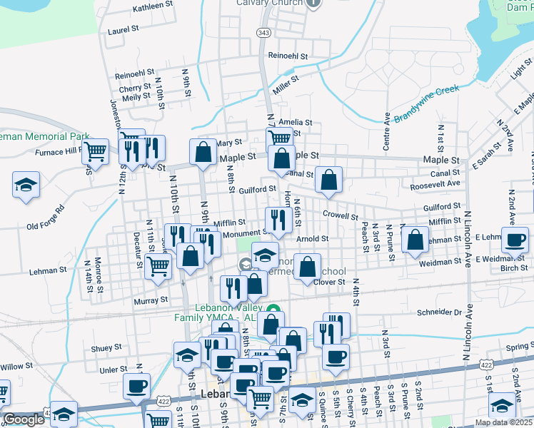map of restaurants, bars, coffee shops, grocery stores, and more near 509 Chapel Street in Lebanon