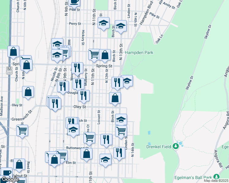 map of restaurants, bars, coffee shops, grocery stores, and more near 760 North 13th Street in Reading