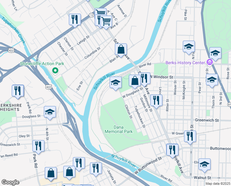 map of restaurants, bars, coffee shops, grocery stores, and more near 820 Clinton Street in Reading