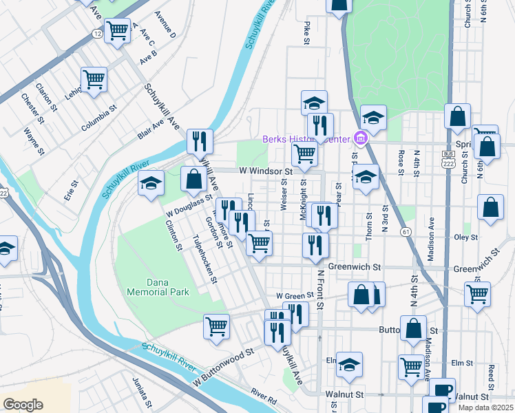 map of restaurants, bars, coffee shops, grocery stores, and more near 246 West Douglass Street in Reading