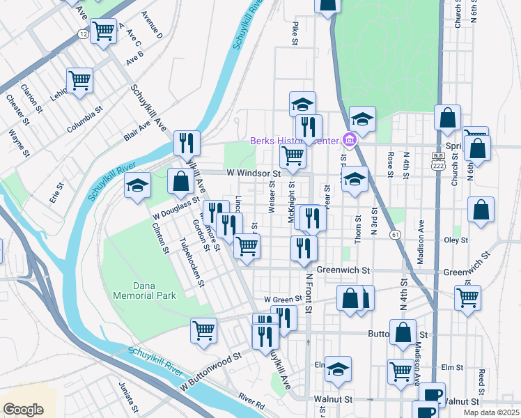 map of restaurants, bars, coffee shops, grocery stores, and more near 218 West Douglass Street in Reading