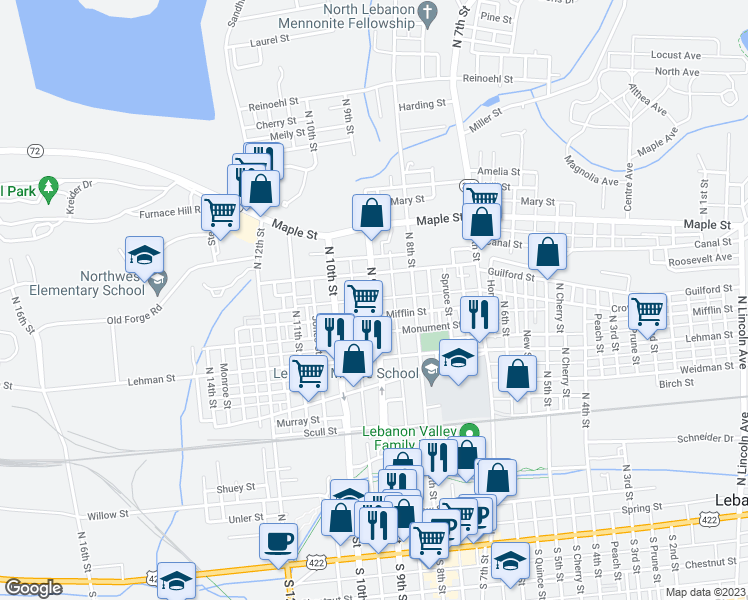 map of restaurants, bars, coffee shops, grocery stores, and more near North 9th Street in Lebanon