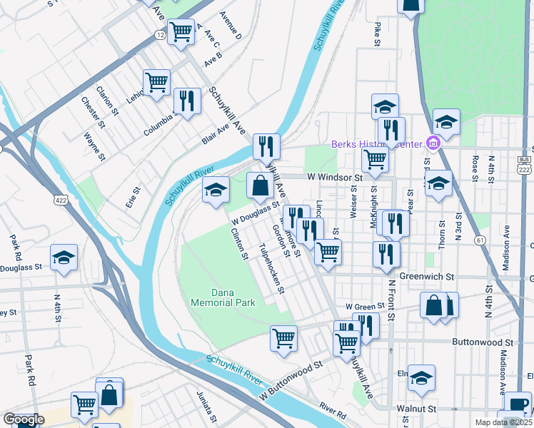 map of restaurants, bars, coffee shops, grocery stores, and more near 446 West Douglass Street in Reading