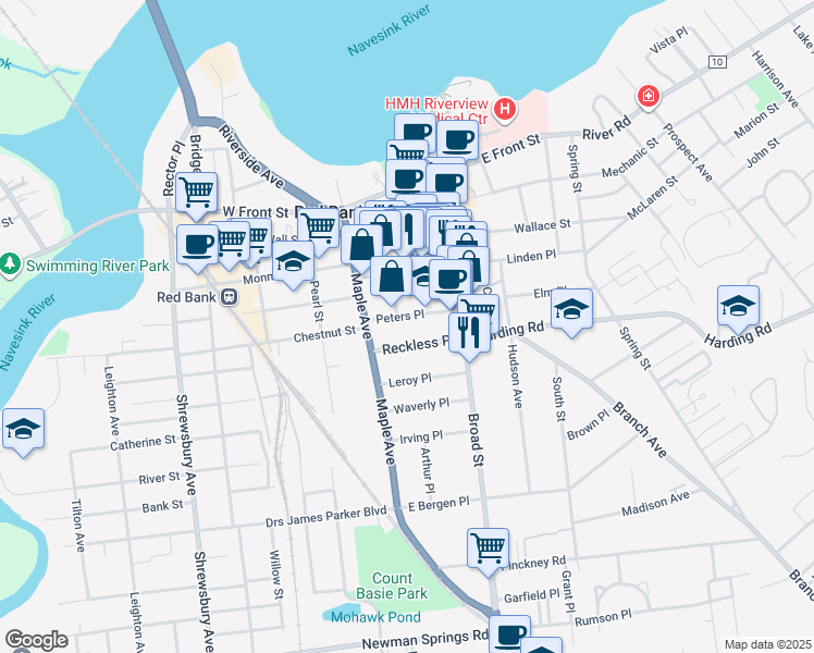 map of restaurants, bars, coffee shops, grocery stores, and more near 44 Reckless Place in Red Bank