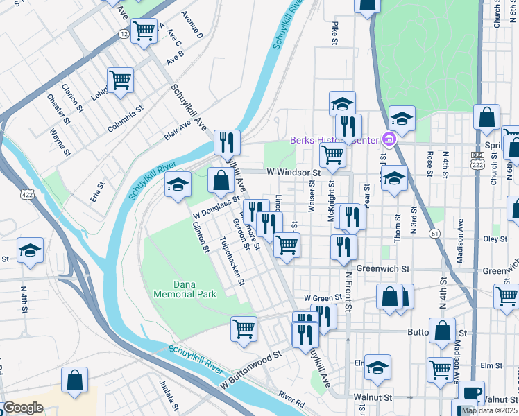 map of restaurants, bars, coffee shops, grocery stores, and more near 338 W Douglass St in Reading